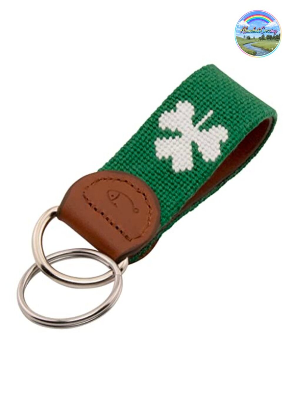 Hand-Stitched Needlepoint Shamrock Keychain Leather Key Fob
